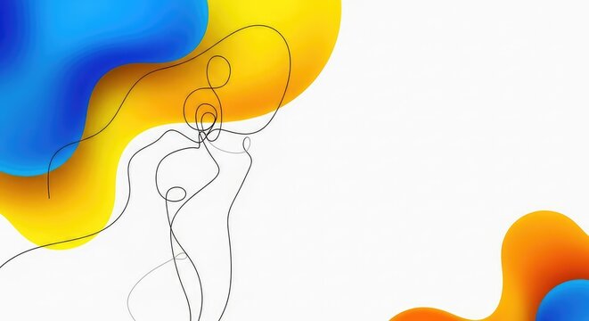 Modern minimalist wallpaper showcasing colorful fluid forms and a single stroke black line drawing over a white seamless backdrop, modern, motif, seamless