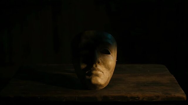 Eerie weathered theater mask resting on a rustic wooden table under dramatic spotlight with deep shadows and a dark, moody background.