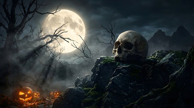 Haunting Halloween scene with a skull on a dark rocky landscape beneath a full moon, twisted tree branches, mist, and eerie nighttime lighting.