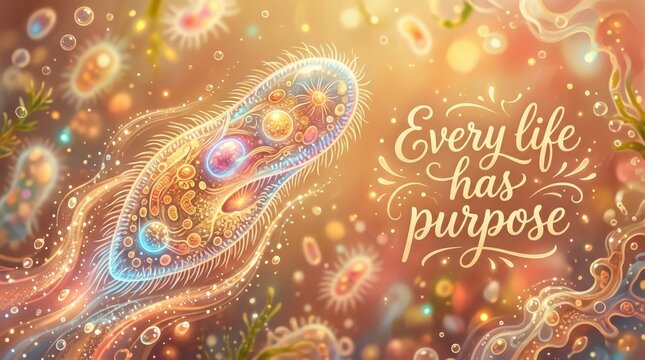 Microscopic life forms with intricate details glowing with vibrant colors and the inspirational quote 'Every life has purpose'