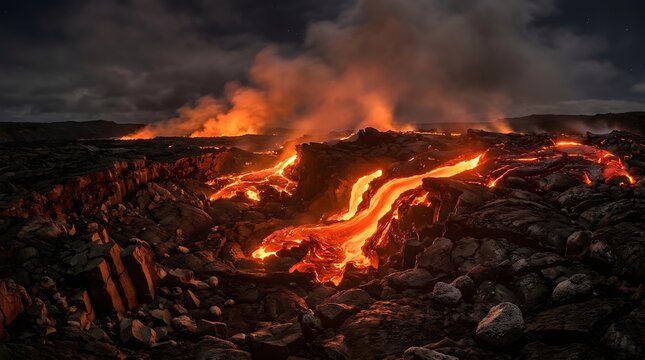 Explosive volcanic eruption viewed from above, featuring bright orange lava streams, glowing molten rock, thick smoke, and rugged black volcanic terrain.