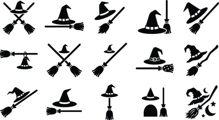 Fototapeta premium Halloween Crossed Broom Icon Set - Witch Broomstick Vector Illustration Collection