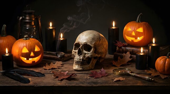 Creepy Halloween still life with a human skull, glowing candles, pumpkins, and dark shadows, creating an eerie gothic horror atmosphere for seasonal concepts.