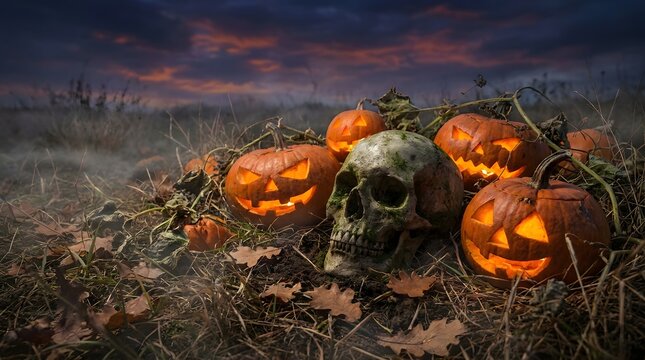 Halloween still life featuring a weathered skull surrounded by glowing pumpkins and autumn leaves, creating a dark, spooky, mysterious, and cinematic seasonal atmosphere.