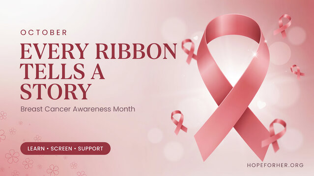 Breast cancer awareness month banner, pink ribbon graphic with every ribbon tells a story text, october health campaign poster