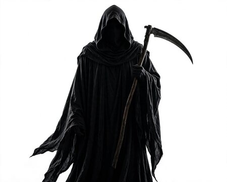 Grim Reaper with Scythe Silhouette Isolated on White Background, A dark hooded grim reaper figure in a flowing black robe holding a scythe, dramatic silhouette