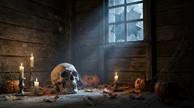 Creepy Halloween still life featuring a human skull surrounded by pumpkins and candlelight, with dark shadows creating a mysterious gothic horror atmosphere.