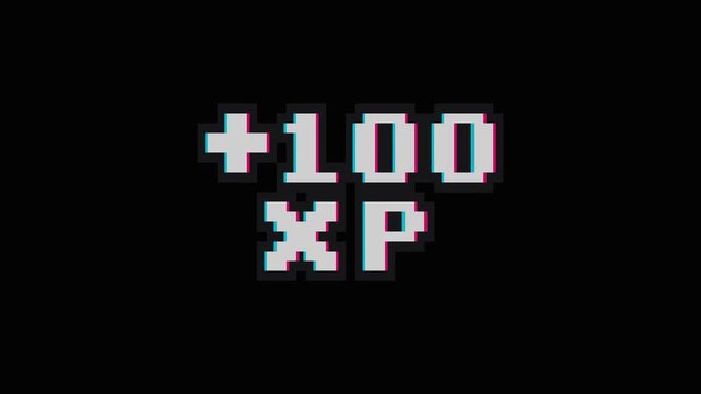Pixelated plus 100 xp experience points glitch animation. 4K Video