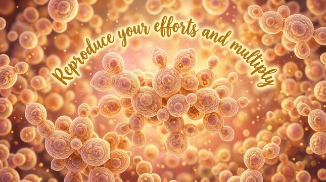 Microscopic view of budding yeast cells, a biological process symbolizing growth, reproduction, and multiplication of efforts.