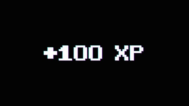 Retro pixel art animation of gaining plus 100 experience points with particles. 4K Video