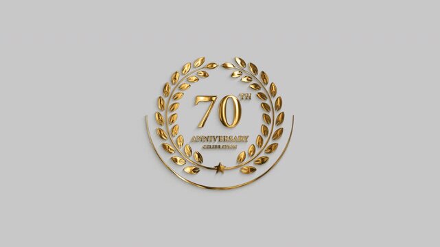 Premium golden 70th anniversary emblem animation with elegant metallic numbers, laurel wreath, and star ornament for celebrations, weddings, and commemorative events. 4k motion graphic with alpha chan