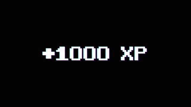 Retro pixelated plus 1000 experience points text animation with particle effect. 4K Video