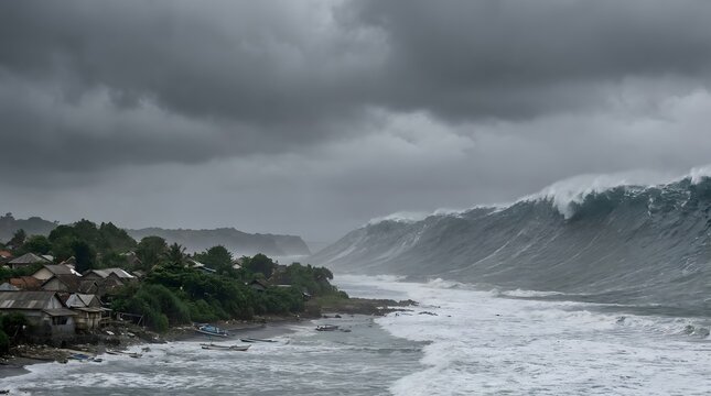 Stormy coastal ocean with large rolling waves and a distant city skyline barely visible through rain and mist under a dark overcast sky.