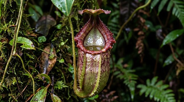 Pitcher plant hanging in lush tropical rainforest