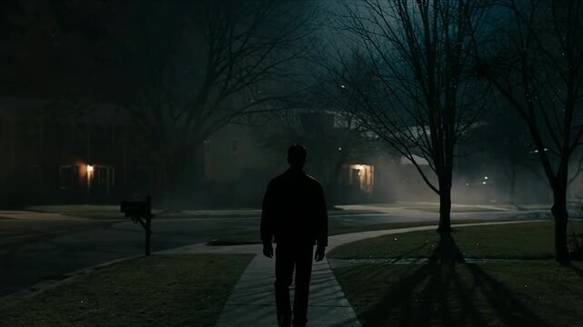 Cinematic silhouette of a lone figure walking through a misty residential neighborhood at night under dim street lights and bare trees.