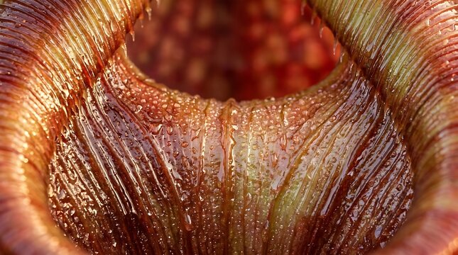 Macro view of tropical pitcher plant rim with water droplets