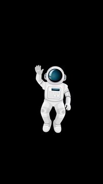Animated Cartoon Astronaut Waving While Floating Against a Black Background