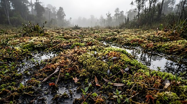 Mossy wetland ground in misty forest landscape