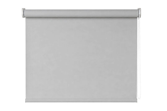 Light gray roller blind with a white pull chain, partially unrolled, isolated on a clean white background