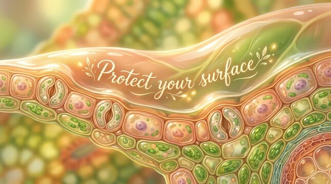 Microscopic view of plant leaf cross-section showing epidermal cells, stomata, and mesophyll, with the text "Protect your surface" emphasizing protect