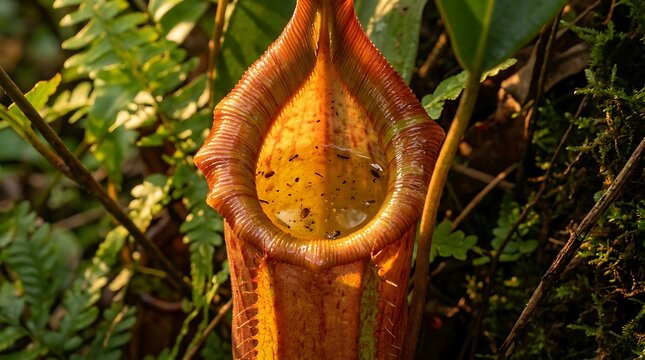 Pitcher plant nepenthes with trapped ants in golden sunlight