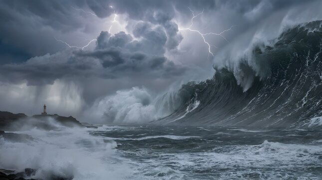 Lightning storm over a rough ocean with large crashing waves, dark clouds, rain, and bright electric flashes creating a dramatic extreme weather scene.