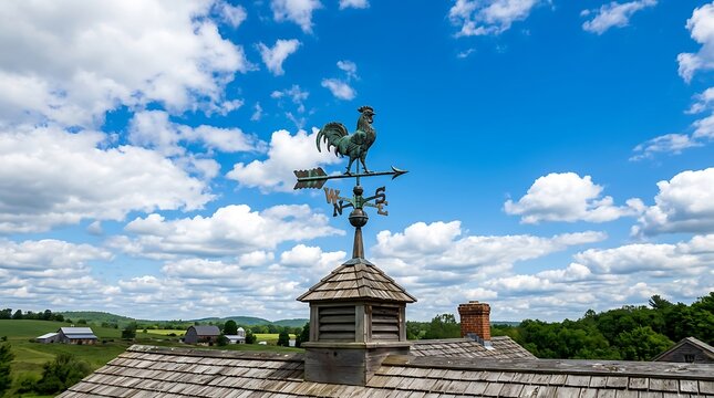 Rooster weather vane on a rustic farm roof under a blue sky