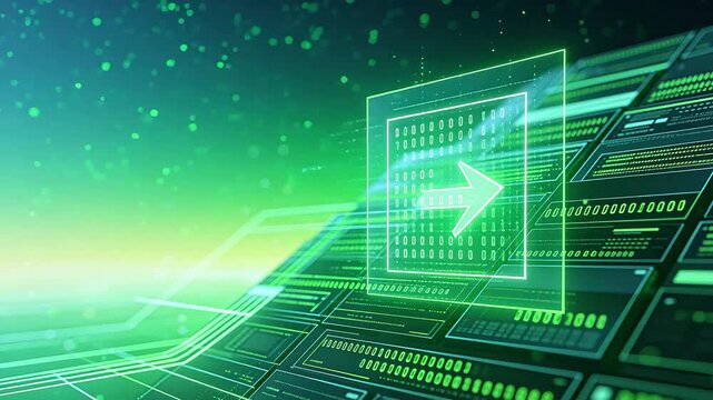 Digital interface showing electronic circuit board with binary code and green arrows