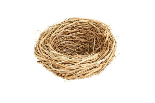 Empty bird's nest crafted from dry straw and twigs, viewed from above on a clean white background, symbolizing new beginnings