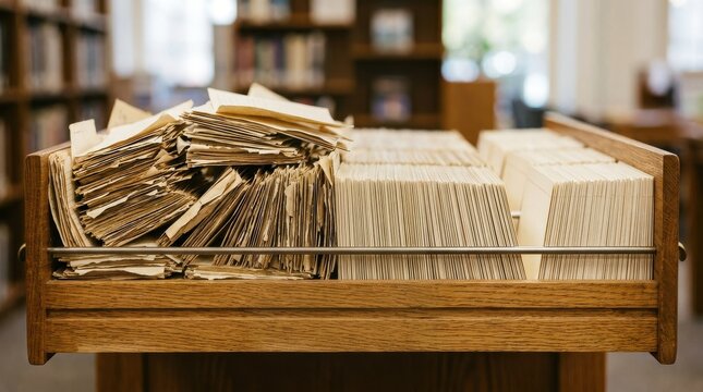 A wooden library catalog drawer filled with aged paper index cards.