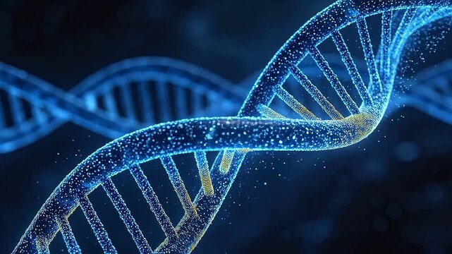 Blue DNA double helix structure with glowing particles in a microscopic dark background