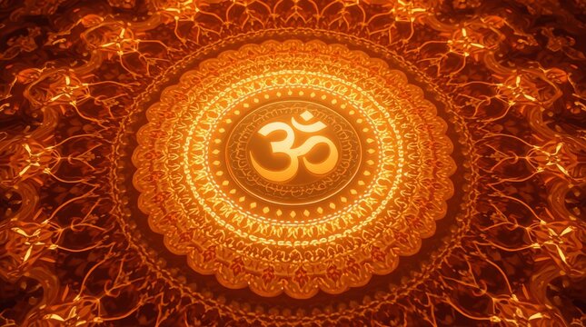 Radiant sacred mandala design featuring glowing golden spiritual symbol centered artwork