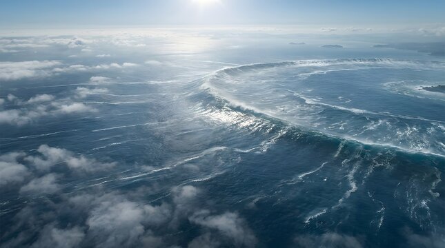 Aerial view of powerful ocean currents and swirling waves beneath a cloudy sky, showing dramatic water movement, coastal weather, and natural marine patterns.