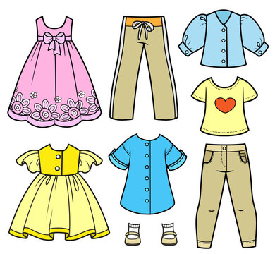 Beautiful dresses, jeans, blouse and shirts  color variation on a white background