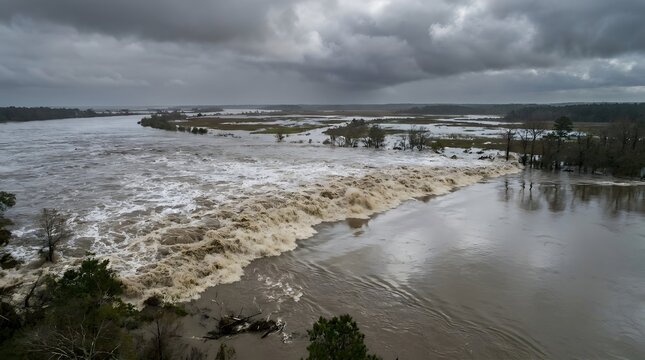 Wide coastal landscape during a severe storm, with foamy waves spreading across a sandy shoreline beneath a heavy gray sky and distant horizon.