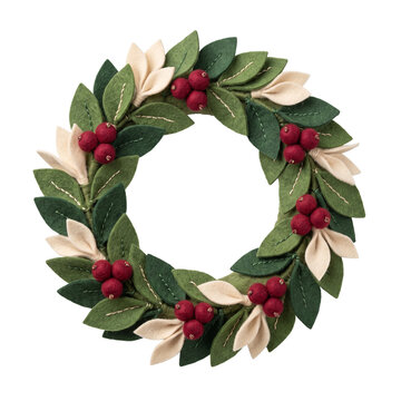 Handmade felt Christmas wreath with stitched leaves, berries and layered textile petals, cozy craft decoration for holiday branding on transparent background