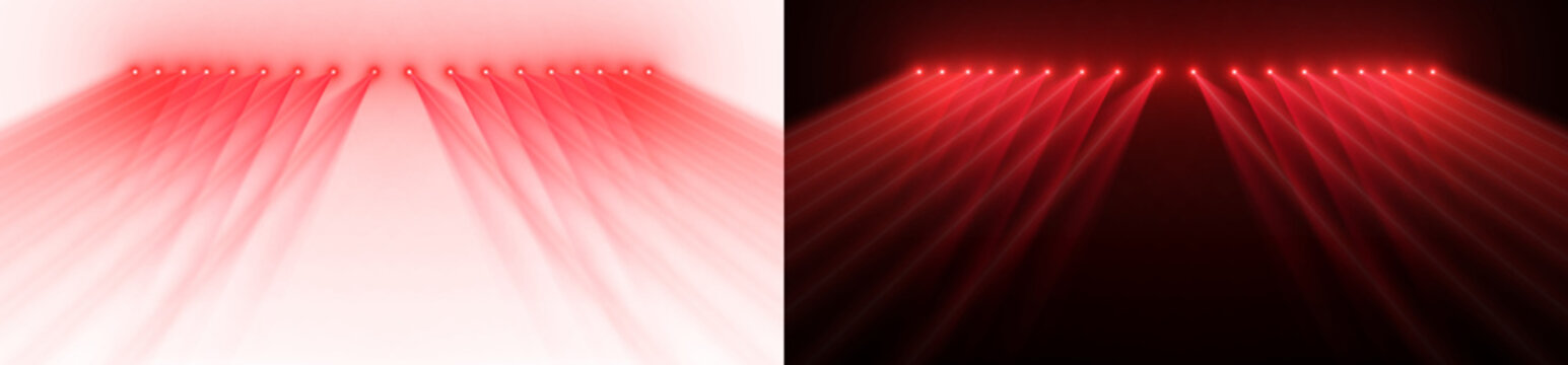 Red Spotlight beams lighting. Shine the light downwards, arranged in a horizontal line. on transparent background.