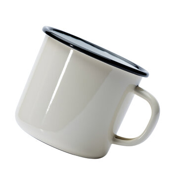 Cream Enamel Mug Isolated on Transparent Background with Black Rim and Handle for Kitchenware and Camping Design Elements a Versatile Cutout Object for Graphic Compositions and Product Mockups
