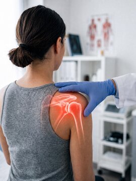 Doctor examining female patient with glowing red shoulder joint pain
