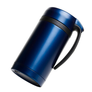Dark Blue Insulated Travel Mug Thermos with Handle Isolated on Transparent Background Modern Drinkware for Hot Cold Beverages Portable Container for Coffee Tea Water sleek black lid