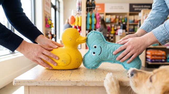 Oversized dog toys meet at a cheerful peace table
