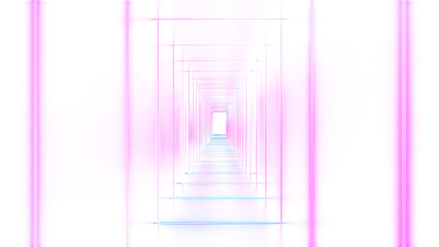 A futuristic, abstract neon tunnel receding into infinity via perfect one-point perspective.