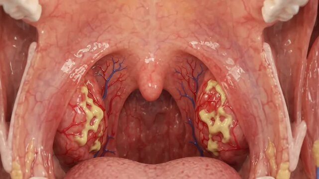 Close-up view of tonsillitis with inflamed tonsils and pus formation, illustrating a common throat infection.