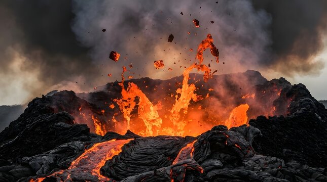 Explosive volcanic lava bursting through a dark rocky landscape, with glowing molten fragments, thick smoke, and intense orange fire illuminating the scene.