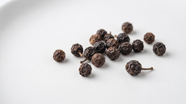 Close up of whole black cubeb peppercorns on white background
