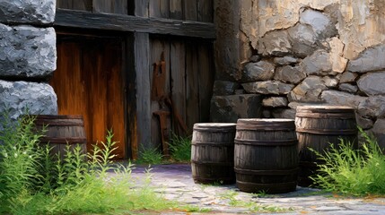 Fototapeta premium Rustic barrels by a weathered stone wall, surrounded by lush greenery and dappled sunlight