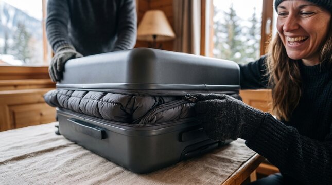 Laughing traveler struggles with an overfilled suitcase