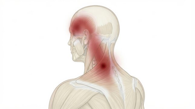 Myofascial anatomy with highlighted areas of referred pain in the neck and back regions of the human body.