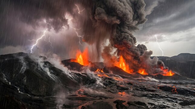 Volcanic eruption with glowing lava rivers winding through a dark landscape, while a huge ash plume rises beneath a fiery sunset sky.