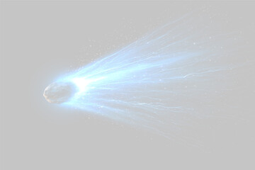 A rocky meteorite travels through space emitting vivid blue electric streams and particles. Bright energy trails create a dynamic glowing effect across the dark background. ©  Error404
